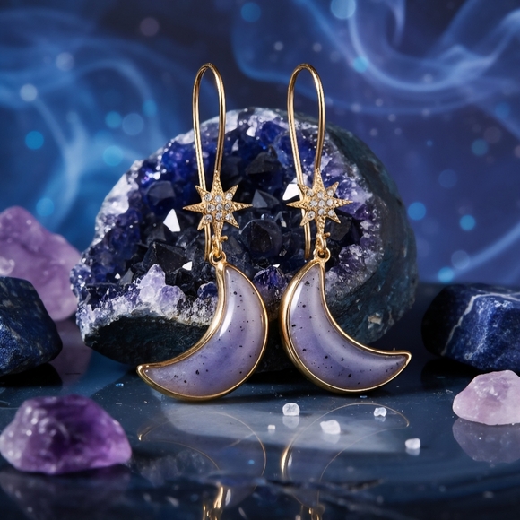 Celestial Dreams: Boho‎ Chic Gold-Tone Star & Moon Trendy Drop Earrings 🌙✨ - Picture 11 of 16